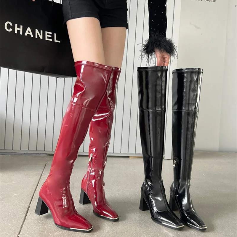 Winter Sexy Women Patent Leather Thigh High Boots 8cm High Heels