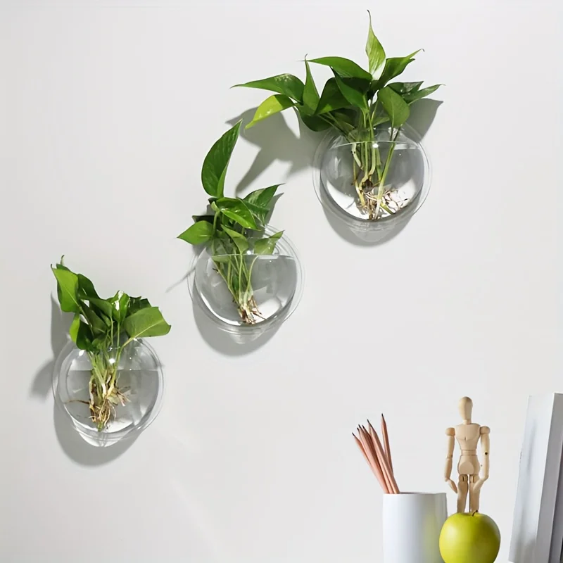 Classic Round Geometric Pattern Plastic Wall Hanging Vase with Plant Stand Wall Decor for Green Plants and Flowers, Fish Bowl 6