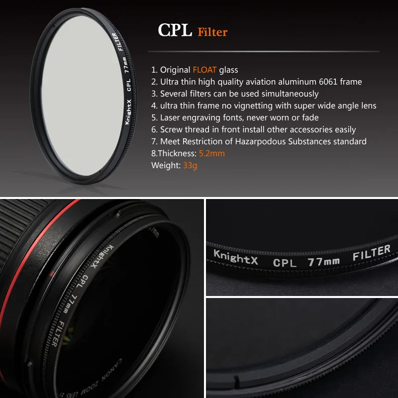Circular Polarizing Filter KnightX CPL Filter Circular Polarizing 49 52 55 58 62 67mm 77mm filter For Sony a6400 Camera accessoires camera lens filter,photography filter,circular polarizing filter
