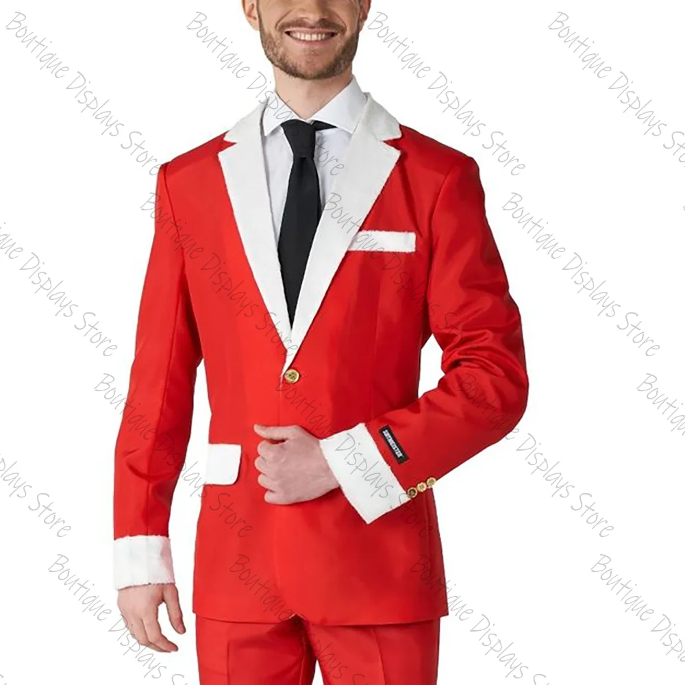 Merry Christmas Set Red and White Single Breasted Men Suit Two Pieces(Jacket+Pants) Outfits Casual Party Prom Clothing