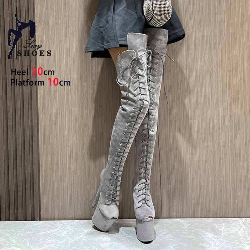 Suede Peep Toe Women's Boots Over Knee Long Boots 20cm/8Inches Super High Heel Thigh High Boots Women Platform Stripper Shoes