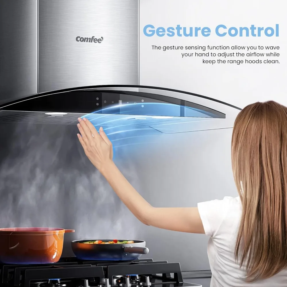 Curved Glass Range Hood 30 Inch 450 CFM 3 Speed Gesture Sensing &Touch Control Panel Stainless Steel kitchen Ductless/Ducted