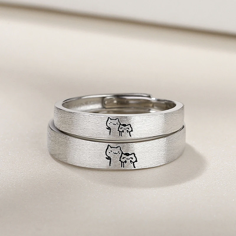 1Pair Kitten Couple Rings Cute Sliver Open Ring For Women Men Adjustable Finger Rings Romantic Lovers Anniversary Jewelry Gift 5