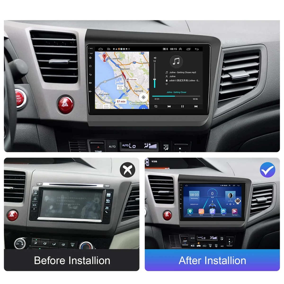 Car Radio for Honda Civic 2012-2015, 1G+32G Carplay Android Auto 9Inch Touchscreen Car Stereo Bluetooth FM Backup