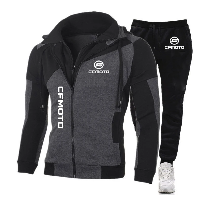 Cfmoto 2023 Autumn Winte Oblique Zipper Tracksuit Men Sweatshirt + Sweatpants 2 Pieces Set Casual Mens Hooded Hoodies