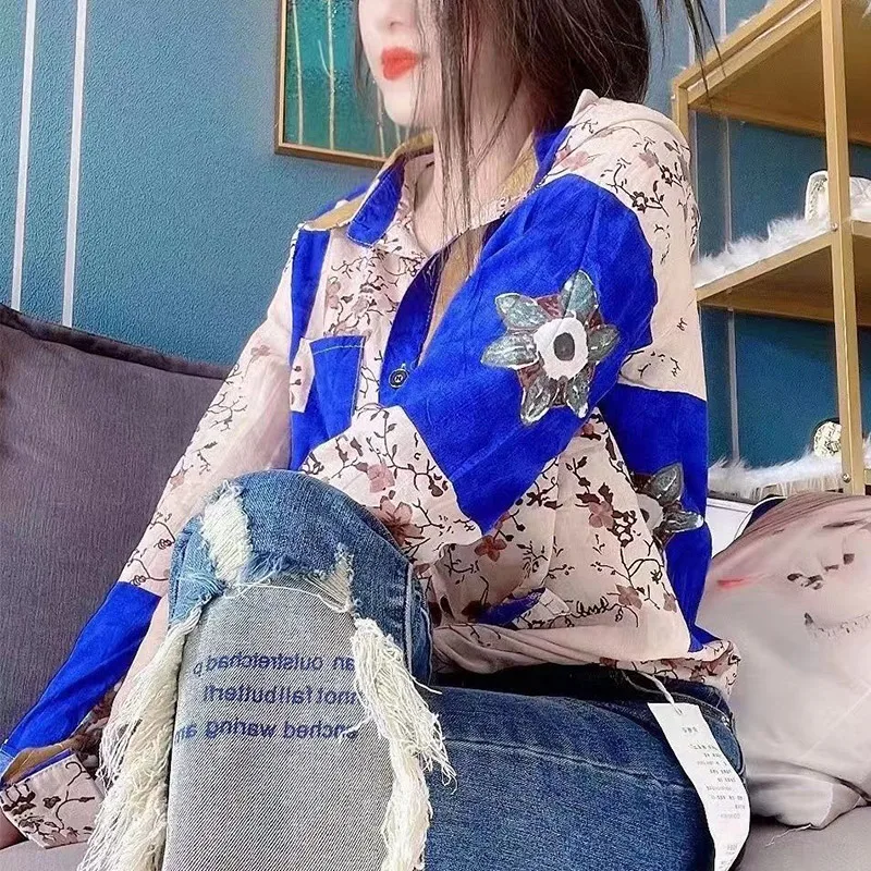 Spring Autumn Polo-neck Printed Loose Casual Cotton Shirt Ladies Elegant All-match Cardigan Top Women Long Sleeve Fashion Blouse