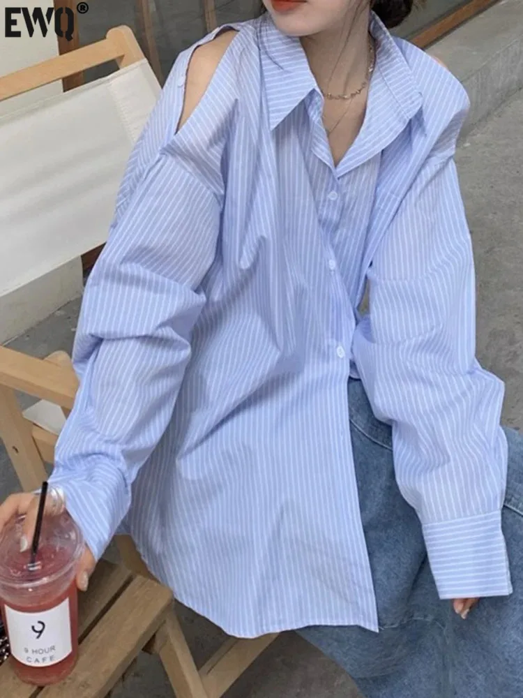 

Женская свободная рубашка средней длины [EWQ], синяя рубашка в полоску с открытыми плечами и длинным рукавом, свободного покроя, 6U9682, весна-лето 2024