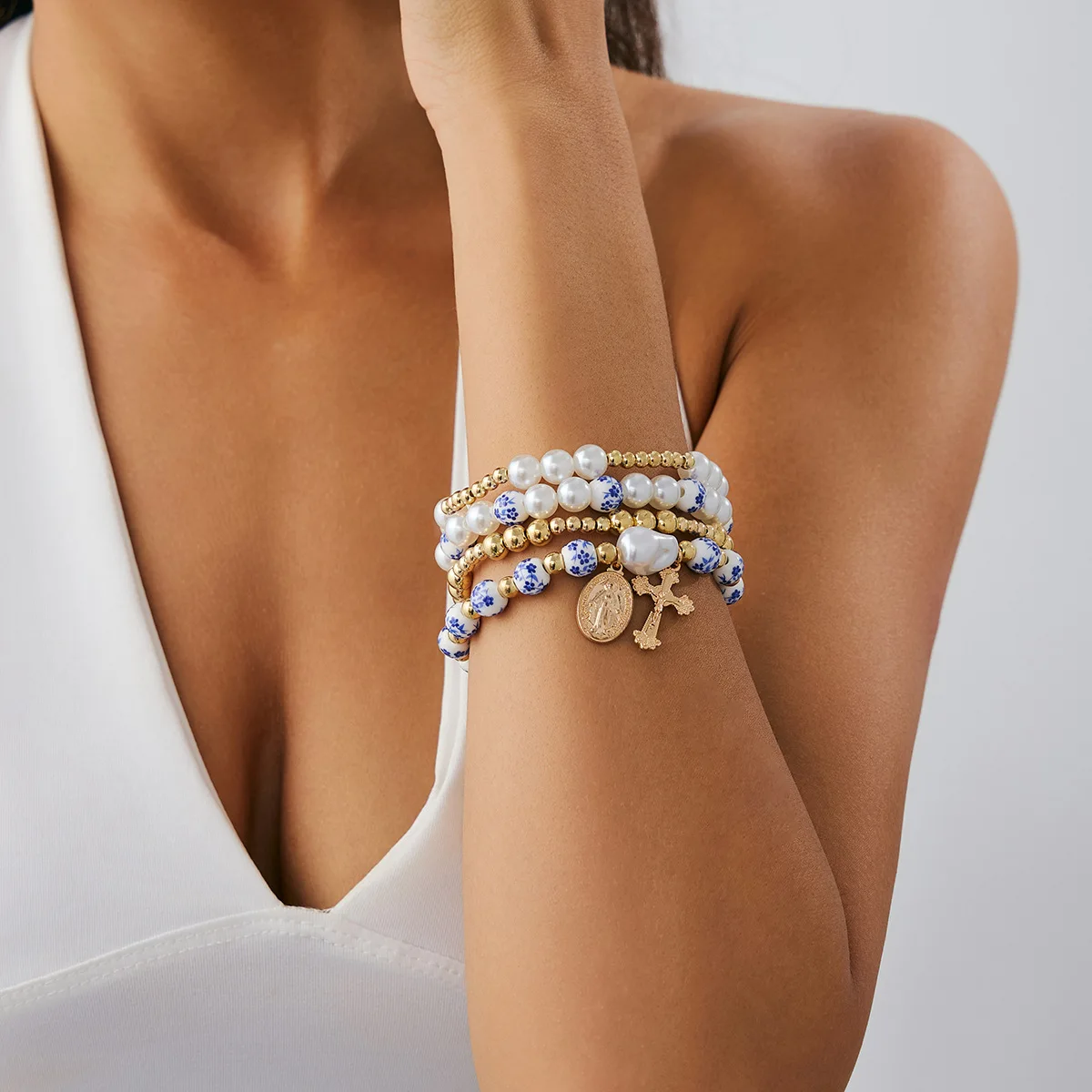 4pcs/set Blue and White Porcelain Round Bead Bracelet for Women Geometric Pearl Cross Hand Strings Fashion Jewelry Bijoux Femme
