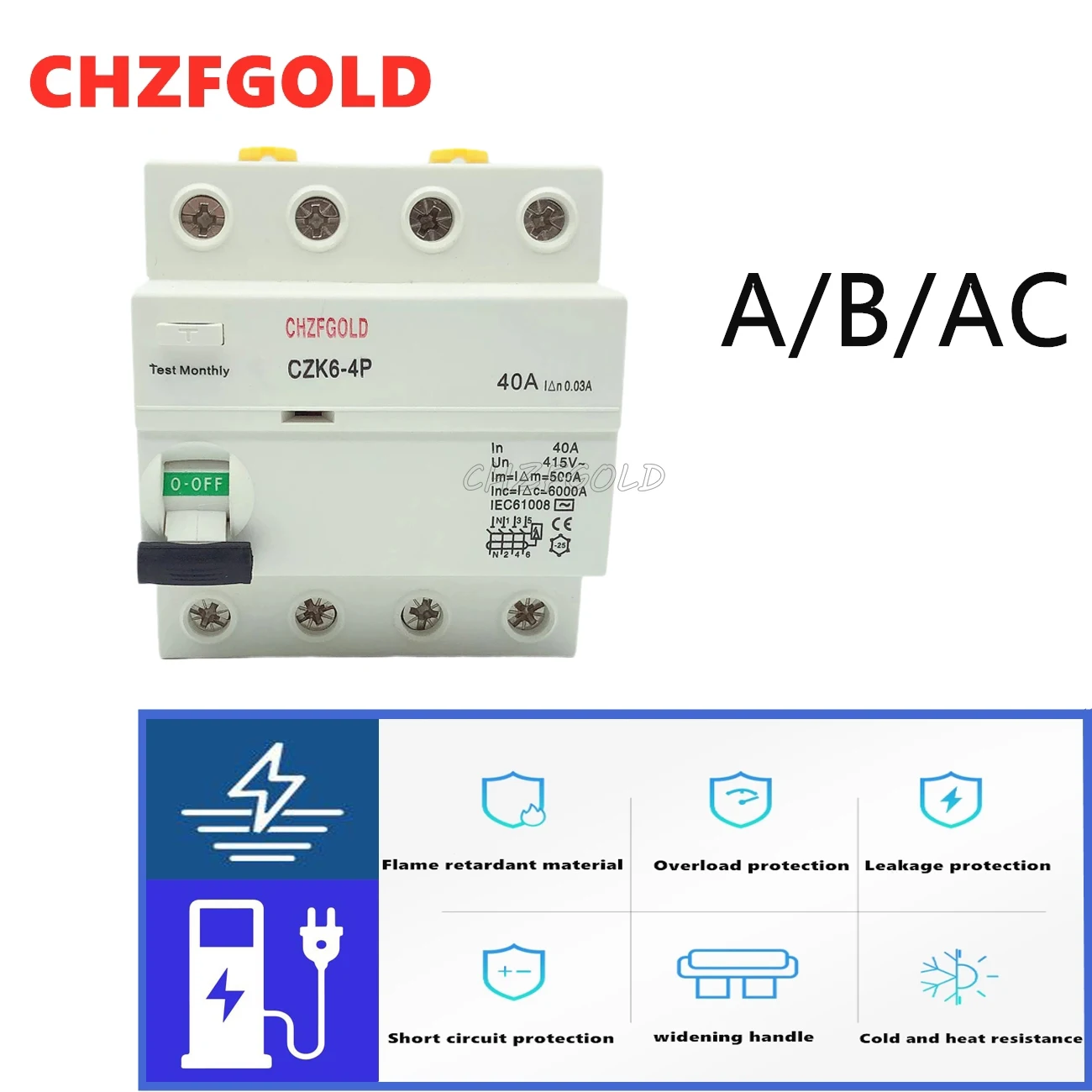 

CHZFGOLD CZK6 RCCB 1-2P 16A 25A 32A 40A 63A 80A 100AResidual Current Circuit BreakerAC Hot Sale ELCB RCD 10mA 30mA 100mA 300mA