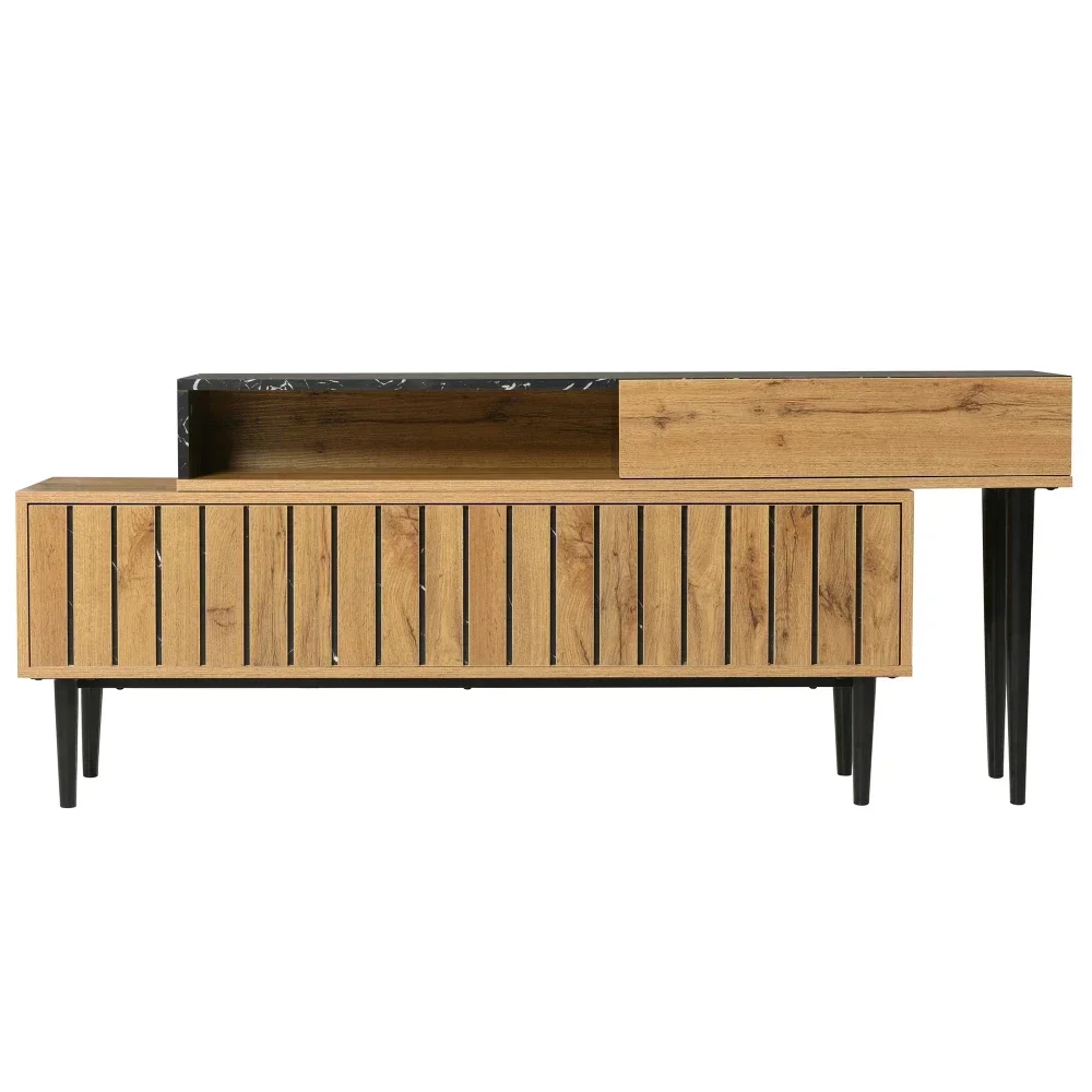 Moderner TV-Ständer mit Marmor- und Holzschnitzerei-Design, PVC-Kante, Eisenbeine, dunkle Holzfarbe, platzsparend, langlebig und langlebig – Detail 18