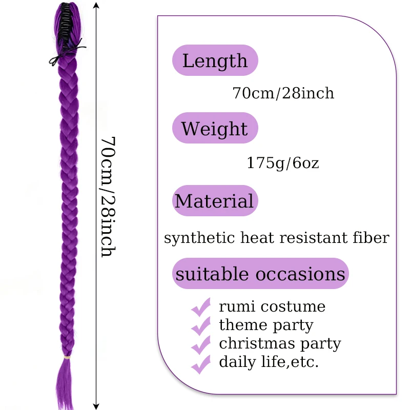 28inch Long Braided Purple Hair Ponytail Extensions Claw Clip Hair Wig for Kids Costume for Chritmas Theme Party Purple Wig Hair