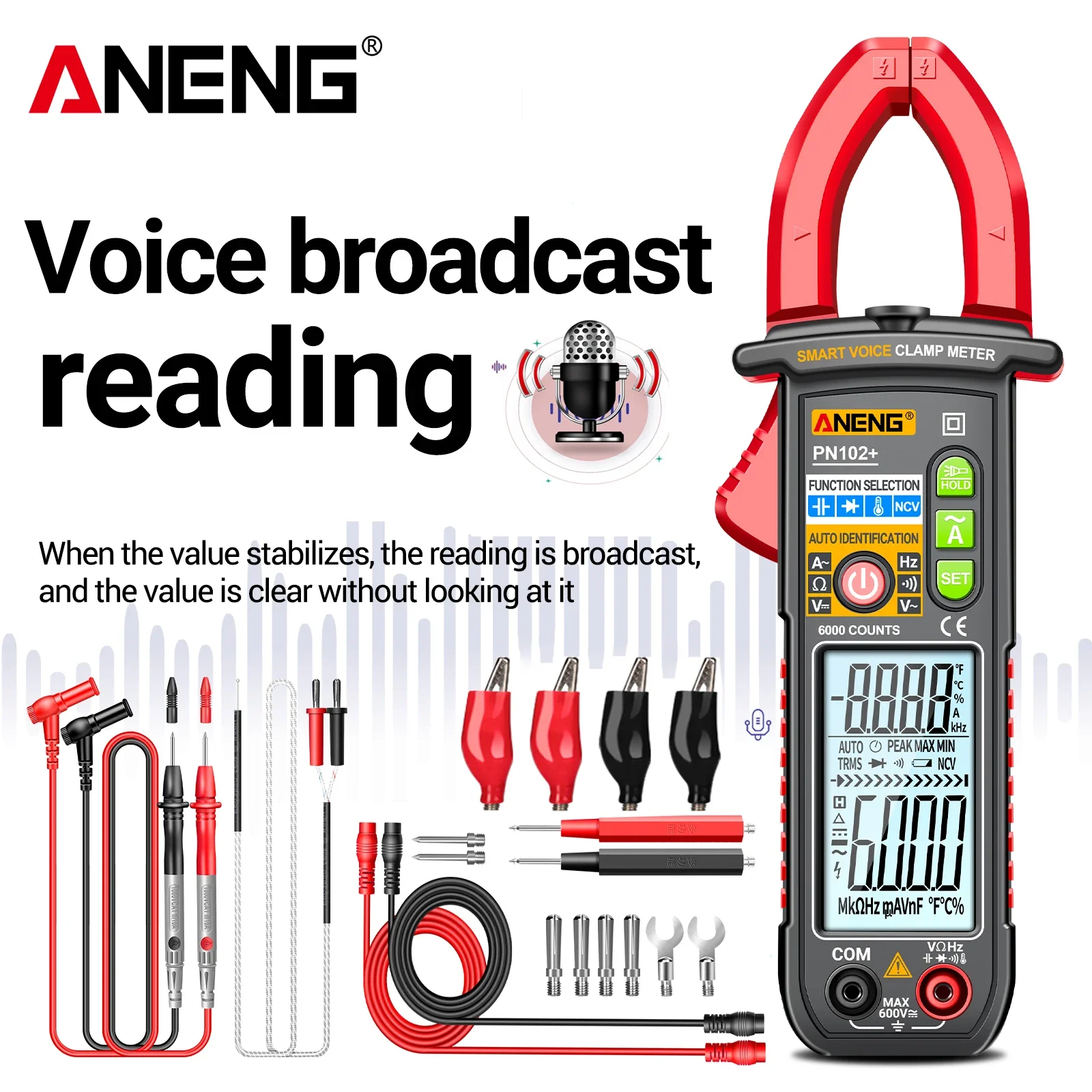ANENG PN102+ Smart Voice Clamp Meter 6000 Counts Auto Ranging Mulitimeter Clamp AC/DC Voltage Meter Diode Hz Current Tester