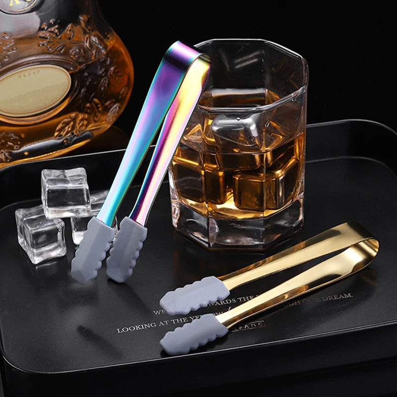 Silicone Head Stainless Steel Food Ice Cube Clip Non-Slip Mini Sugar Dessert Clamp Barbecue Bread Tongs Coffee Bar Utensils