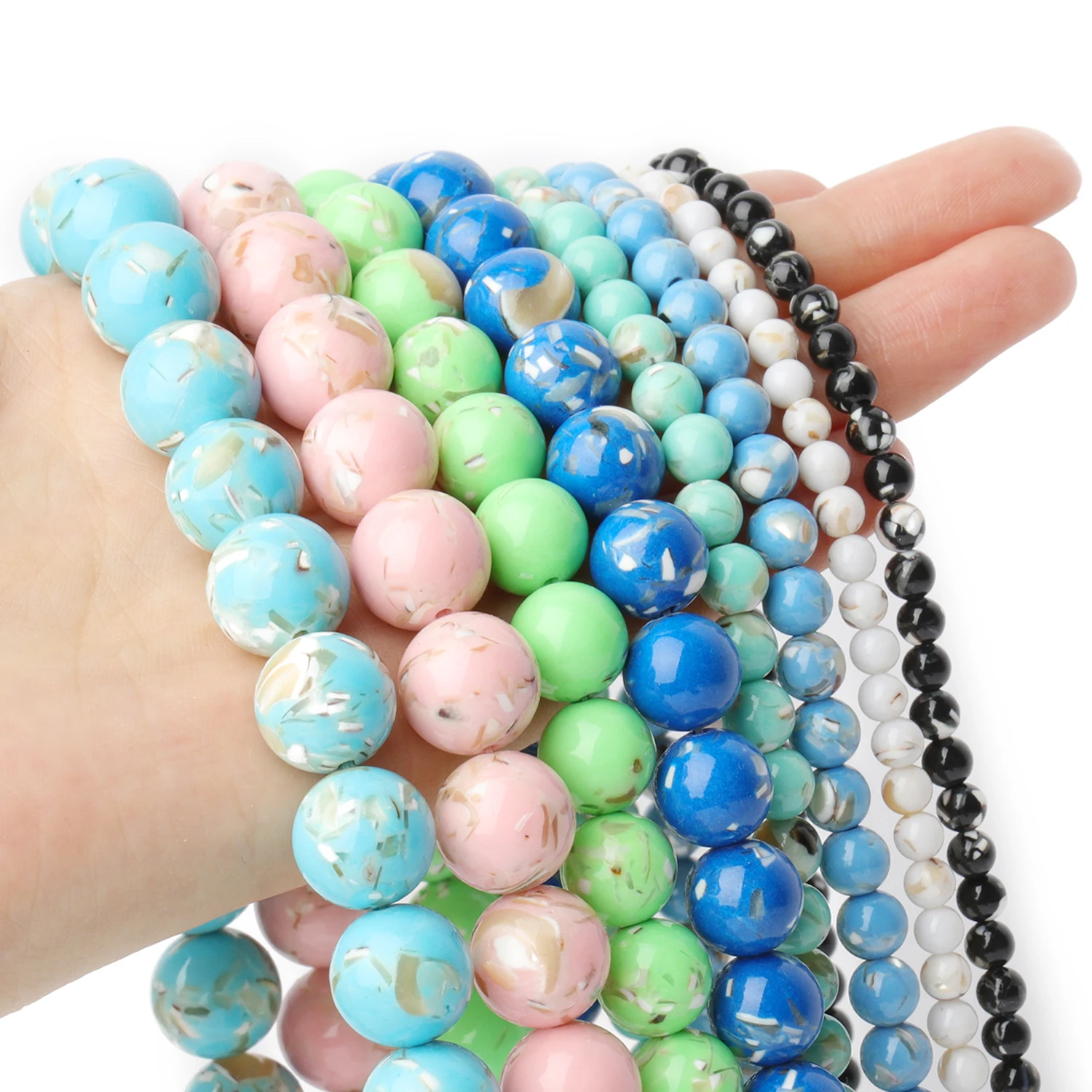 Natural Trochus Shell Turquoise Round Beads 4-12mm - Blue and Pink Loose Beads for DIY Jewelry and Bracelet Making, 15 Strand