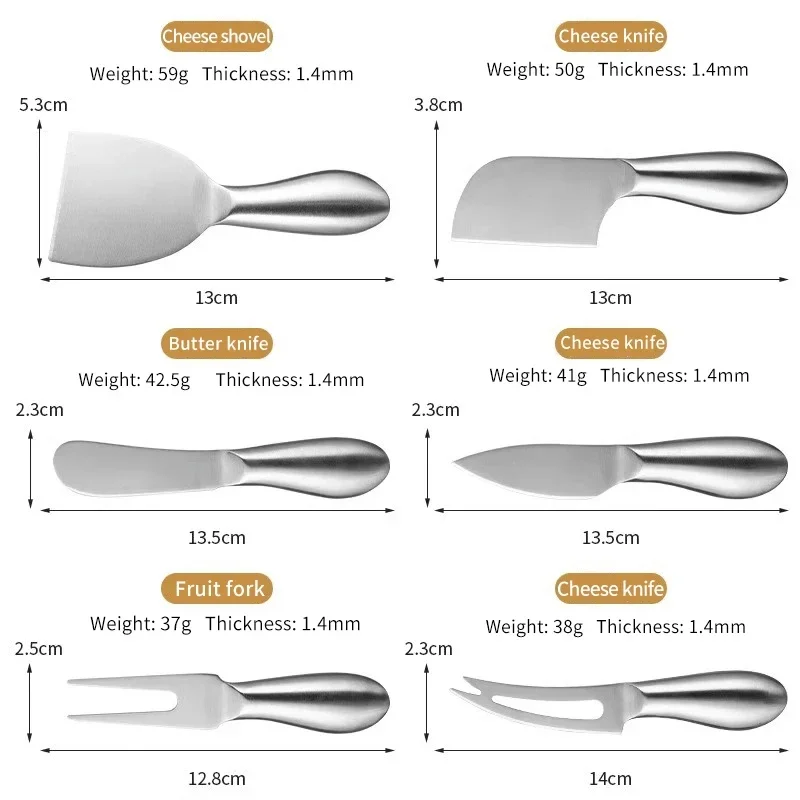 Stainless steel cheese Knife 6-piece set cheese tool pizza cutter Butter spatula fruit fork Pastry baking kitchen utensils