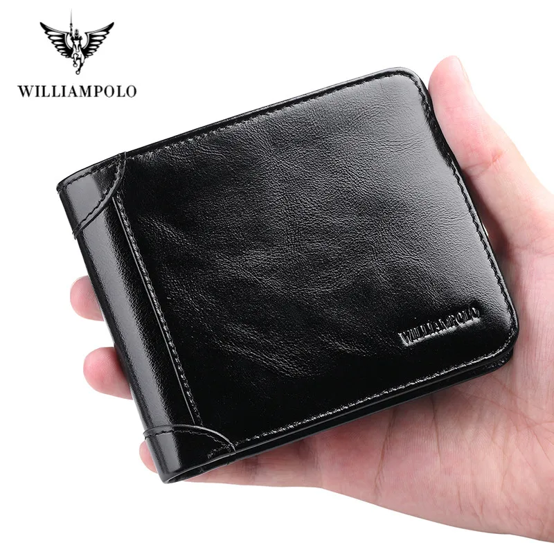 WILLIAMPOLO Genuine Leather Wallets Men Wallet Credit Business Card Holders Vintage Brown Leather Wallet Purses High Quality 6
