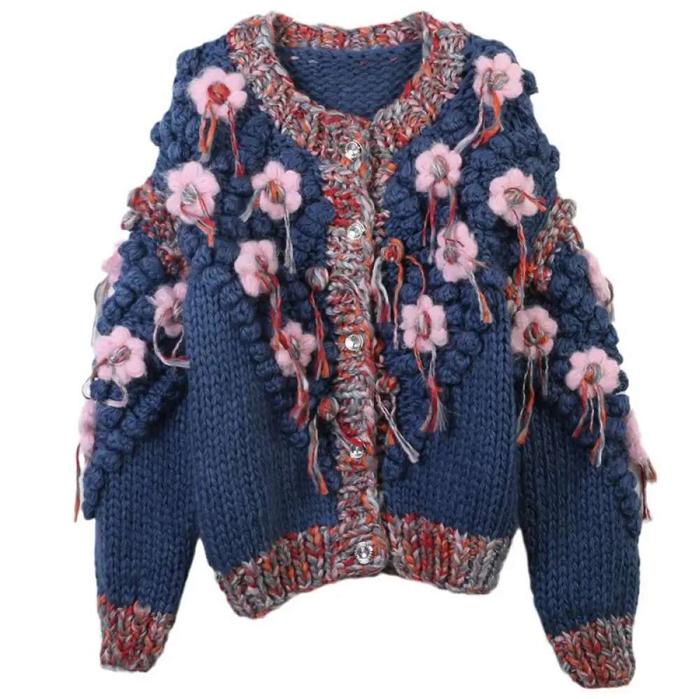 

Retro Blue Contrasting 3D Flower Embroidery O-Neck Sweater Long Sleeve Loose Blue Knitted Women Cardigans 2024 Spring