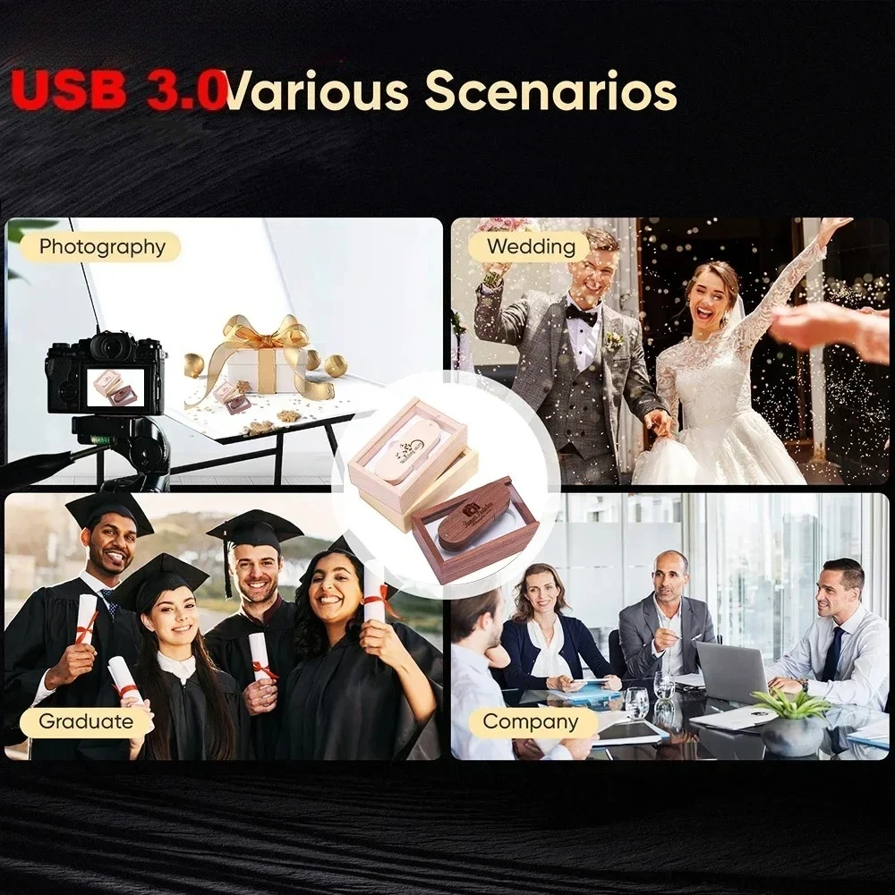 고속 USB 3.0 플래시 드라이브, 투명 커버, 나무 푸시 풀 박스 펜 드라이브, 무료 사용자 정의 로고, USB 스틱, 결혼 선물, 128GB
