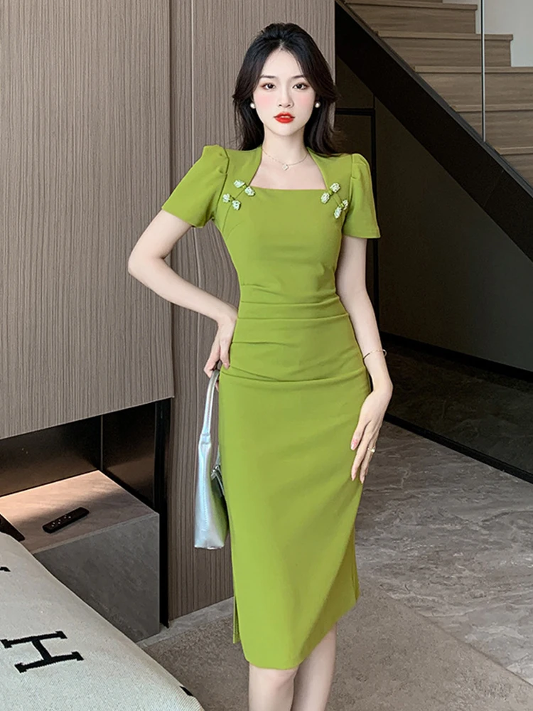 

Summer Formal Wrap Hip Dress Women Elegant Pretty Commute Chic Retro Sexy Square Collar Slit Midi Mujer Vestidos Street Clothes