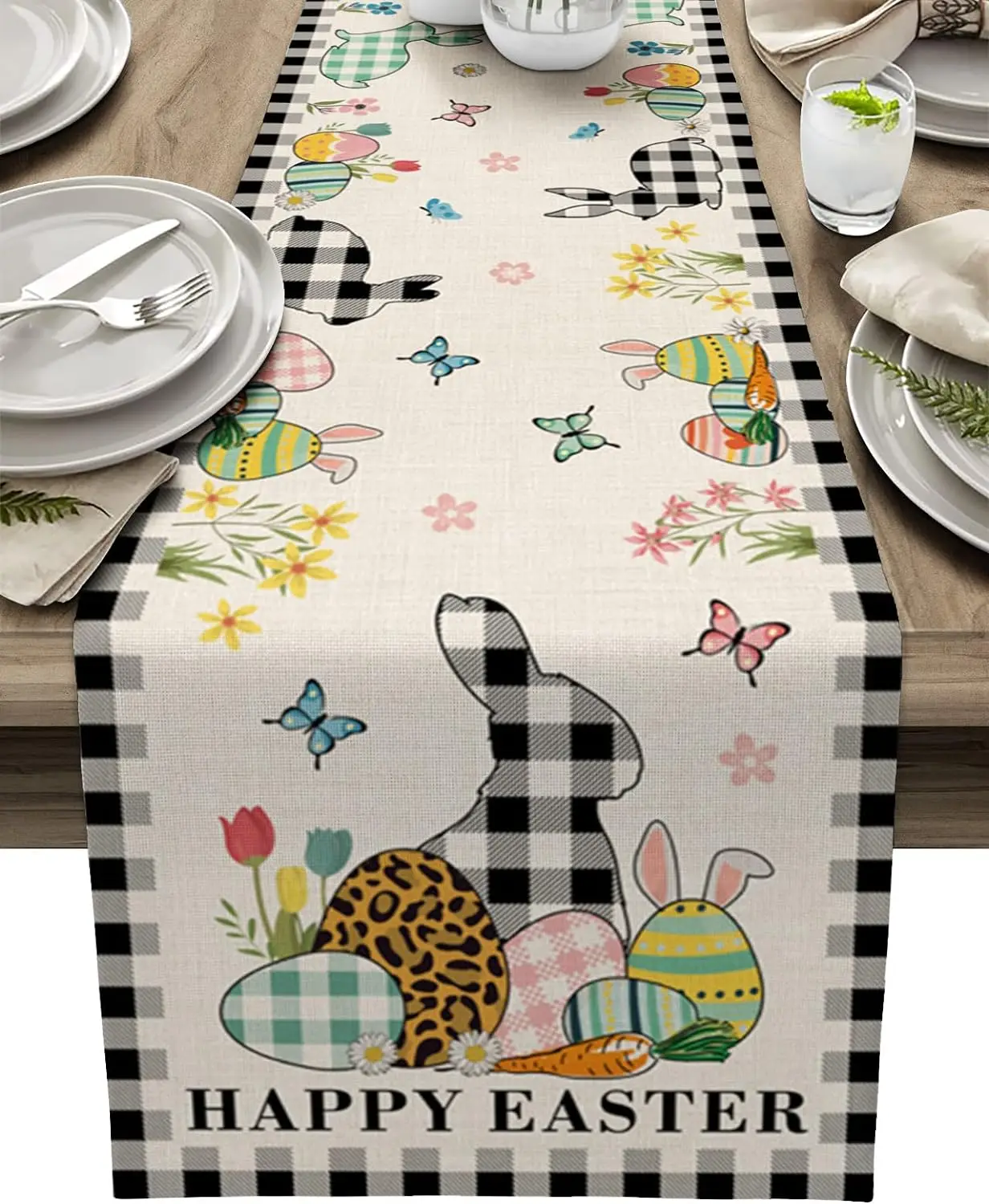 

Eggs Rabbit Black and White Buffalo Plaid Easter Linen Table Runner Dresser Scarf Coffee Table Decor for Home Dining Party Decor