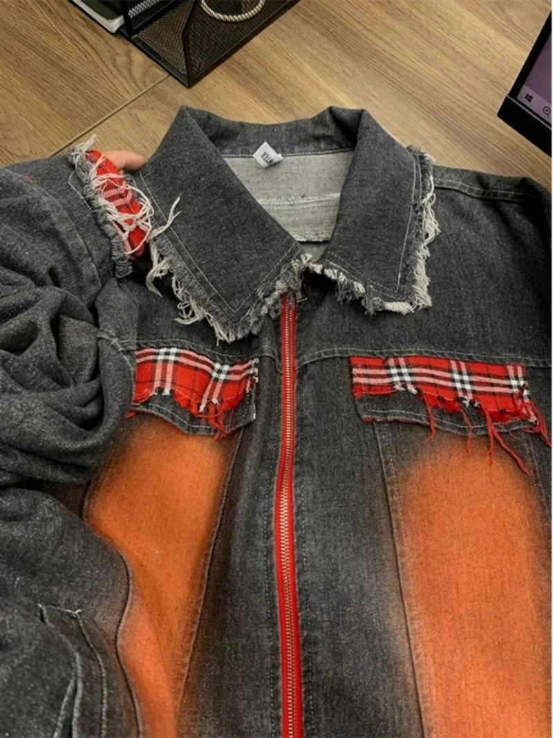 Spliced denim jacket fashion brand European and American street style retro collar jacket men's chaqueta varsity jacket men