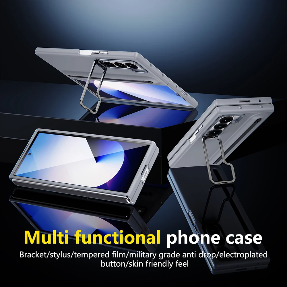 Premium Metal Lens Stand Case with S Pen Slot and Tempered Glass Protector for Samsung Galaxy Z Fold Series