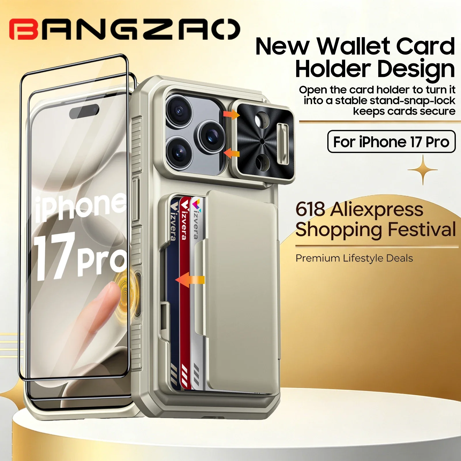 Titanium Rugged Wallet Phone Case with Card Slot & Slide Camera Protection, Anti-Fingerprint