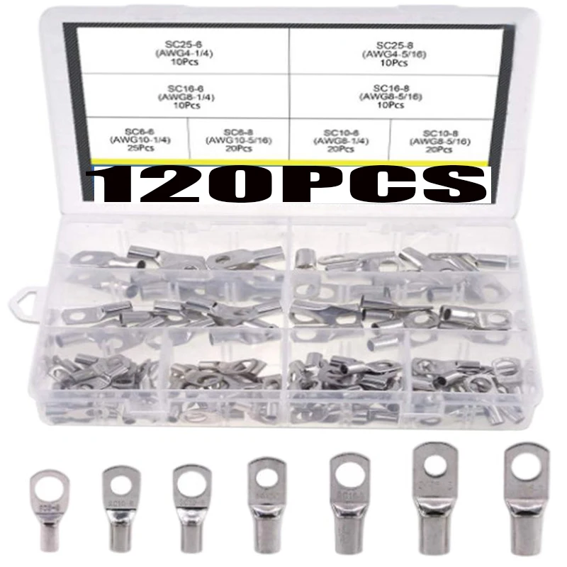 

120PCS Cable Shoes Cable Lugs SC6-SC25 Tinned Copper Lug Ring Wire Connectors Bare Terminals Lugs Wire Copper Ring Terminal Kit