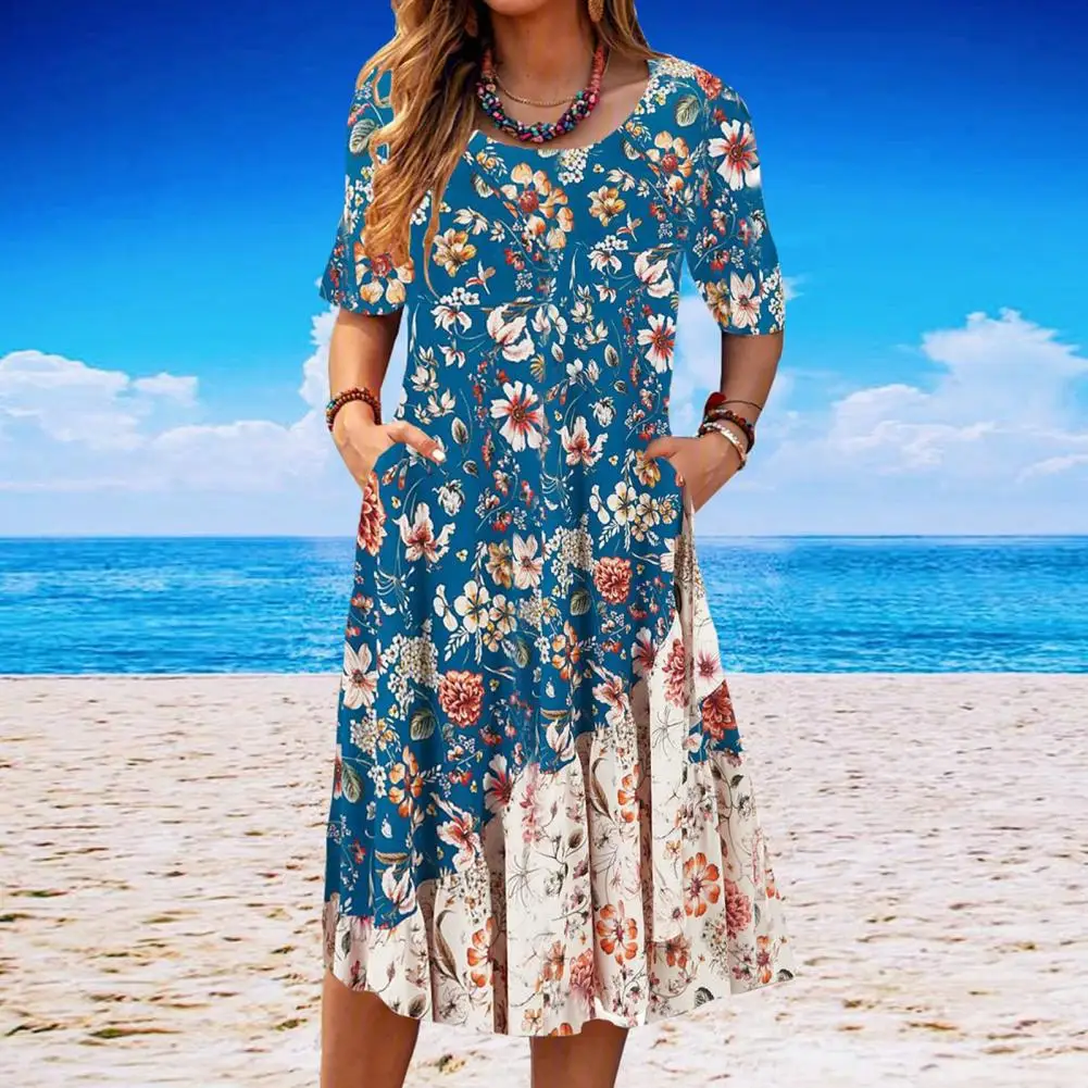 

Lightweight Spring Dress Floral Print A-line Midi Dress with Pockets for Women Breathable Soft Summer Dress with O for Comfort