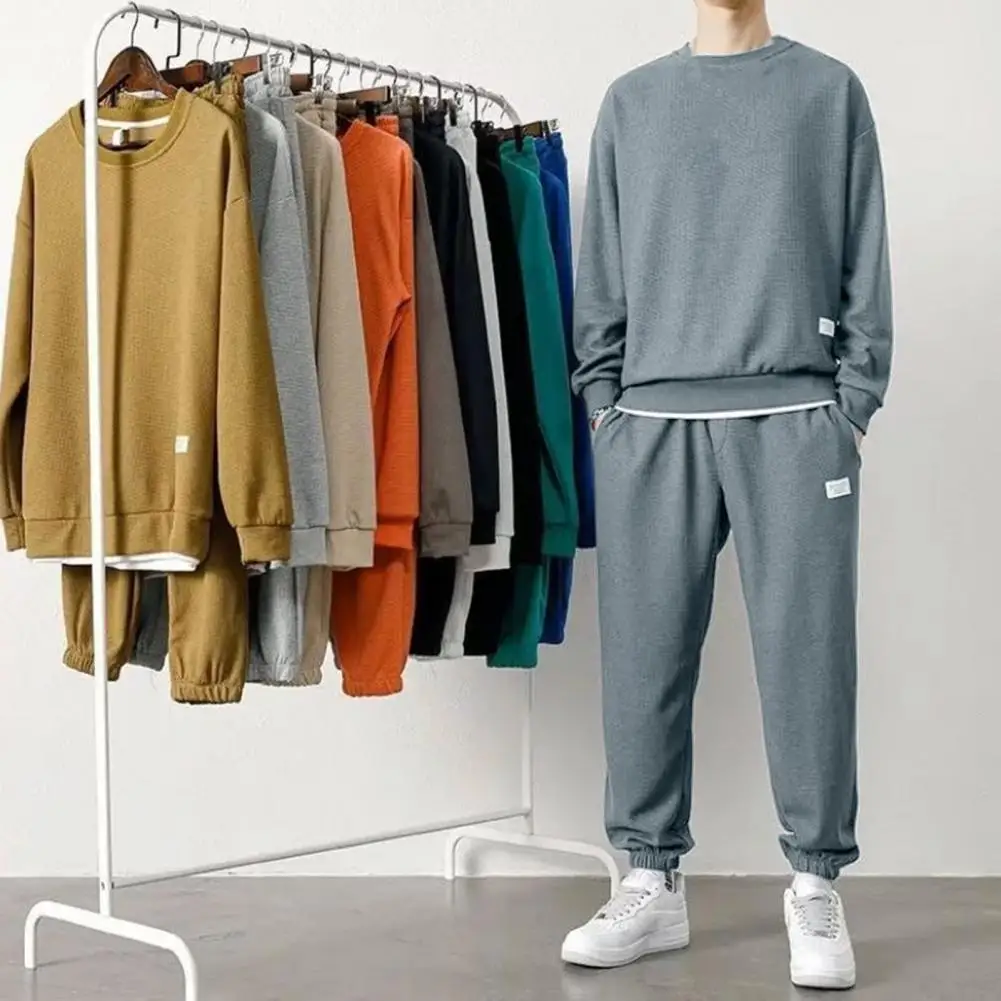 

Waffle Texture Sweatshirts Sports Suits Sweatshirt Handsome Long Sleeve Hoodies Elastic Waist Jogger Pants Set Man Tracksuit
