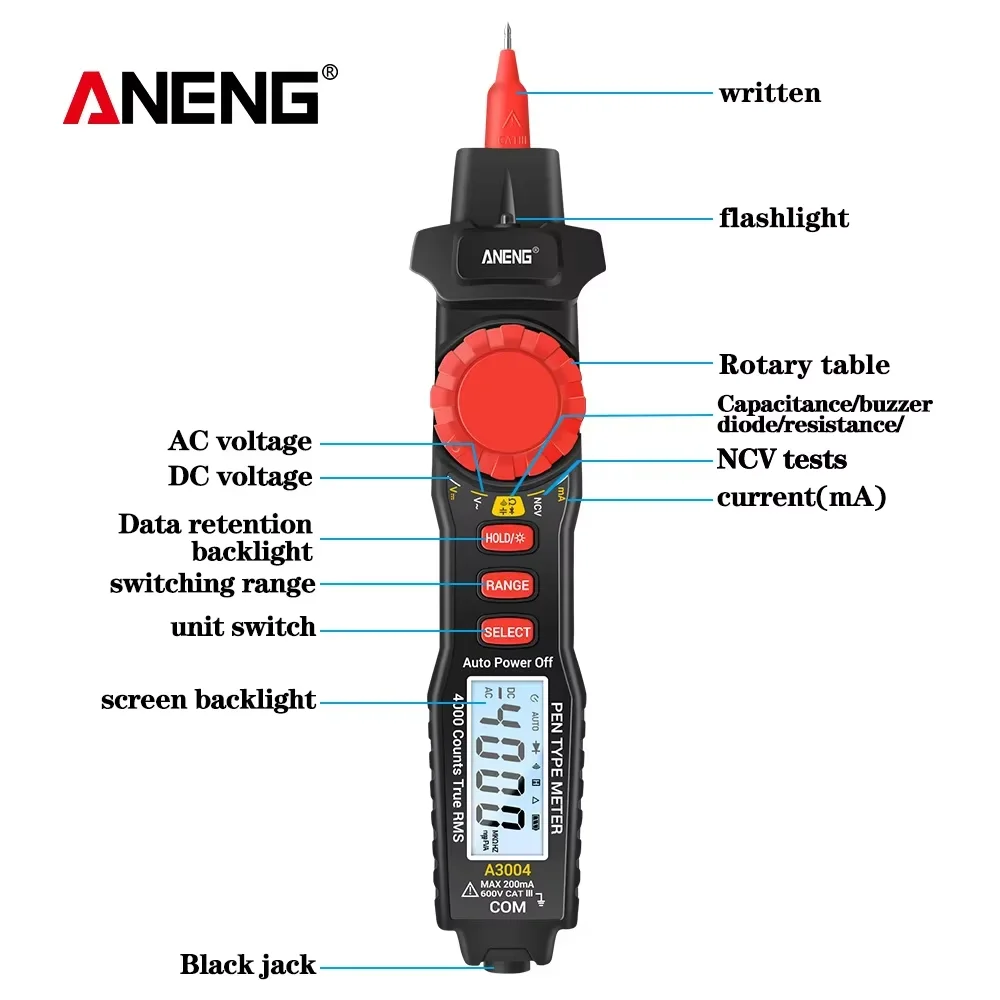 ANENG A3004 Pen Multimeter Digital 4000 Counts Non Contact AC/DC Voltage Meter Resistance Capacitance Diode Continuity Test tool
