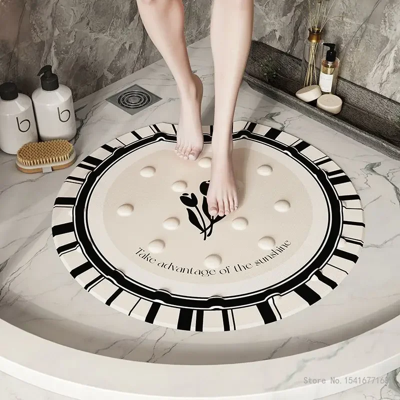 Creative Black White Light Luxury Pattern Circular Bathroom Anti-skid Floor Mat, Shower Suction Cup Children's PVC Foot Mat, 1Pc