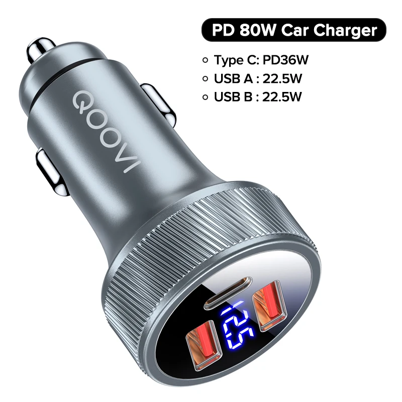 usb triple socket QOOVI 80W Car Charger PD USB Type C Dual Port USB Phone Charger Fast Charging For iPhone 13 Xiaomi Samsung iPad Laptops Tablets best 65w usb c charger Chargers