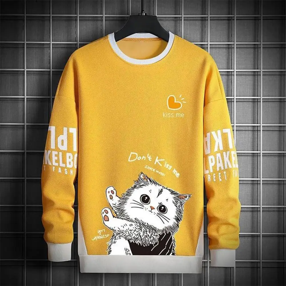 Spring Sweatshirt O-Neck Long Sleeve Thin Fleece Lining Thick Teenager Men Spring Autumn Cartoon Heart Cat Pattern Pullover Top