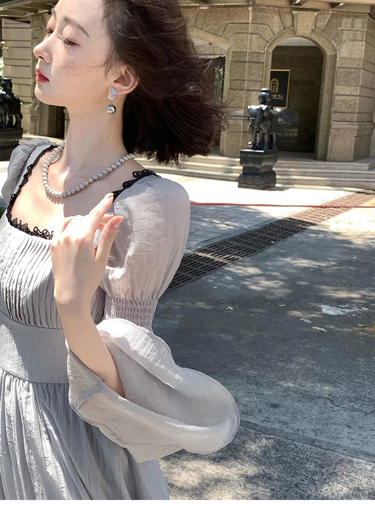 Autumn Princess Midi Dresses for Women Square Collar Flare Sleeve A-line Party Dress Slim Waist Korean One Piece Vestidos New