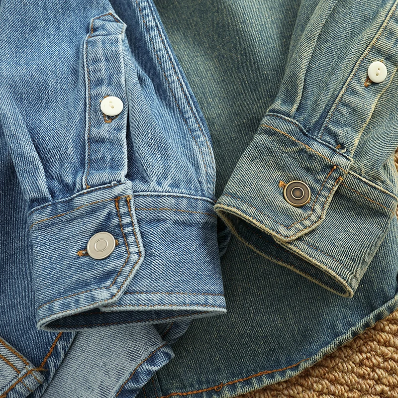 Spring American Retro Heavyweight Double Pocket Denim Cargo Shirt Men's Simple Cotton Washed Casual Blouses Thin Jacket