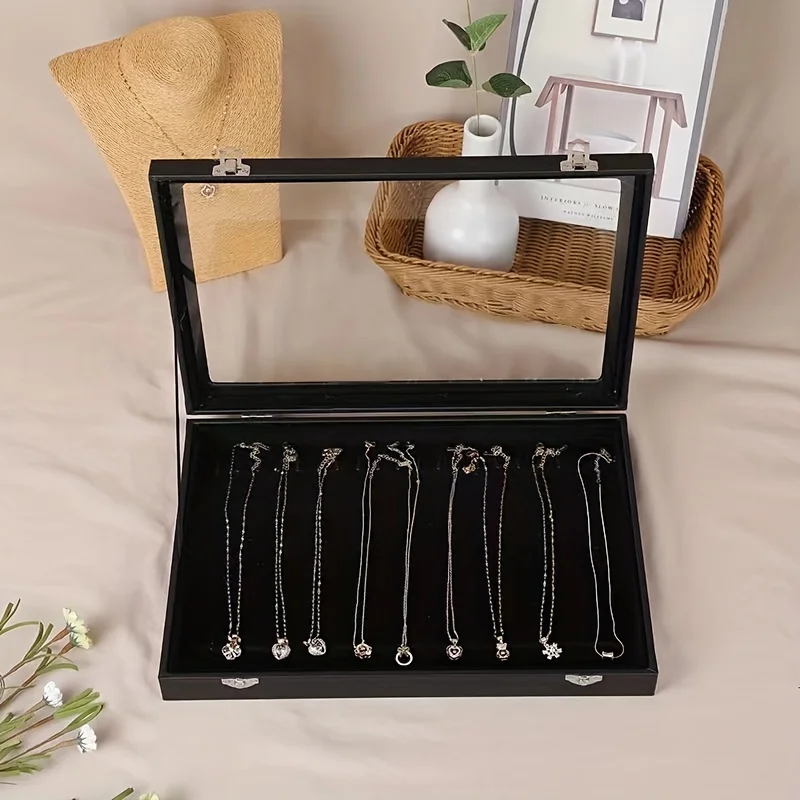 1PC Glass Lid Jewelry Box With 20 Hooks, Stackable Necklace Storage Case, Bracelet And Choker Chain Display Organizer 4