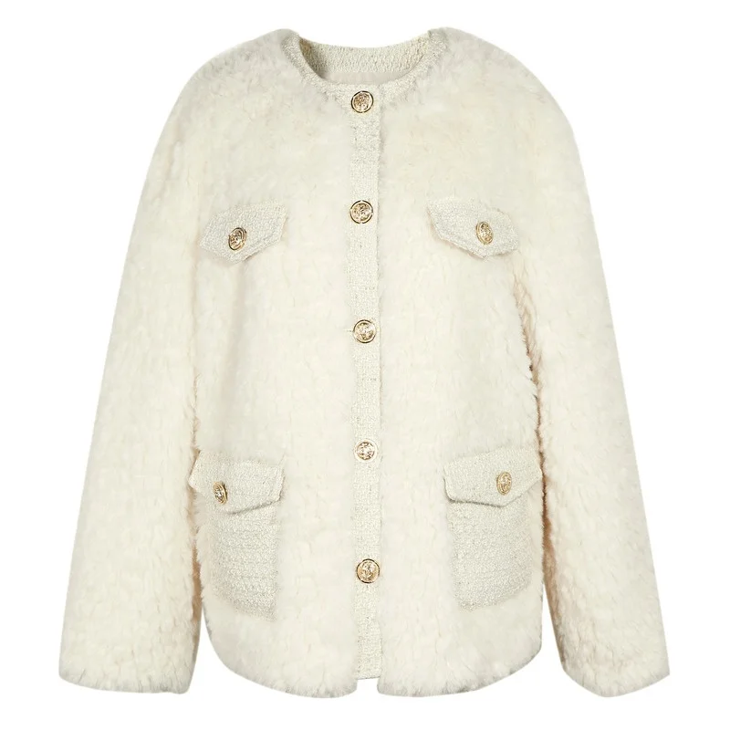 Winter New Eco-friendly Fur Coat Outdoor Warm Luxury High Quality Plush Jacket Round Neck Design Women's Fur Coat