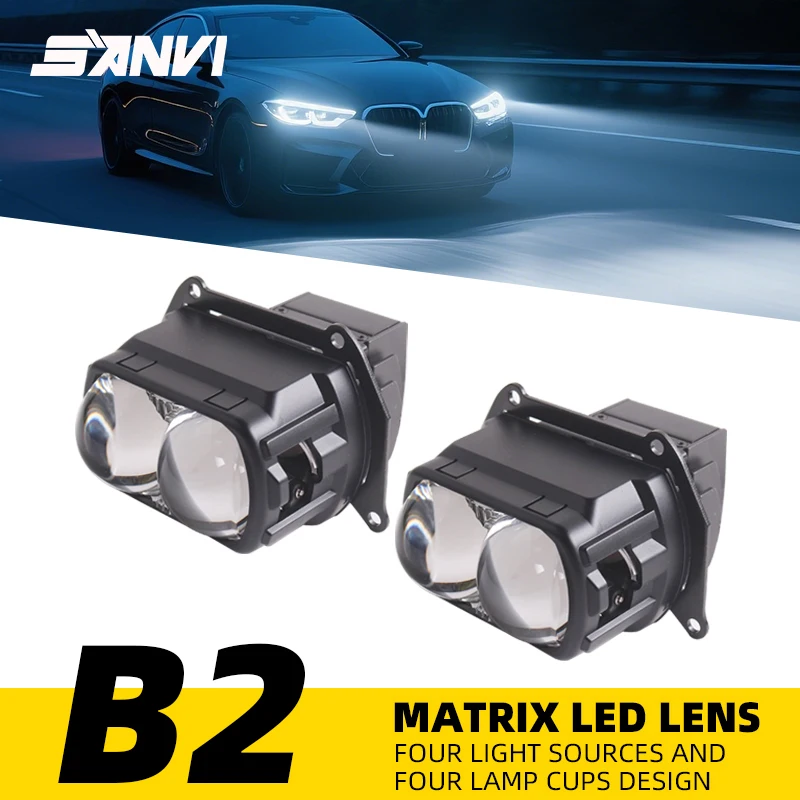 SANVI 136W B2 Bi LED 사각 프로젝터 렌즈 14개 칩 4개 반사판 매트릭스 헤드라이트 VW 6000K LED 라이트 자동차 부품