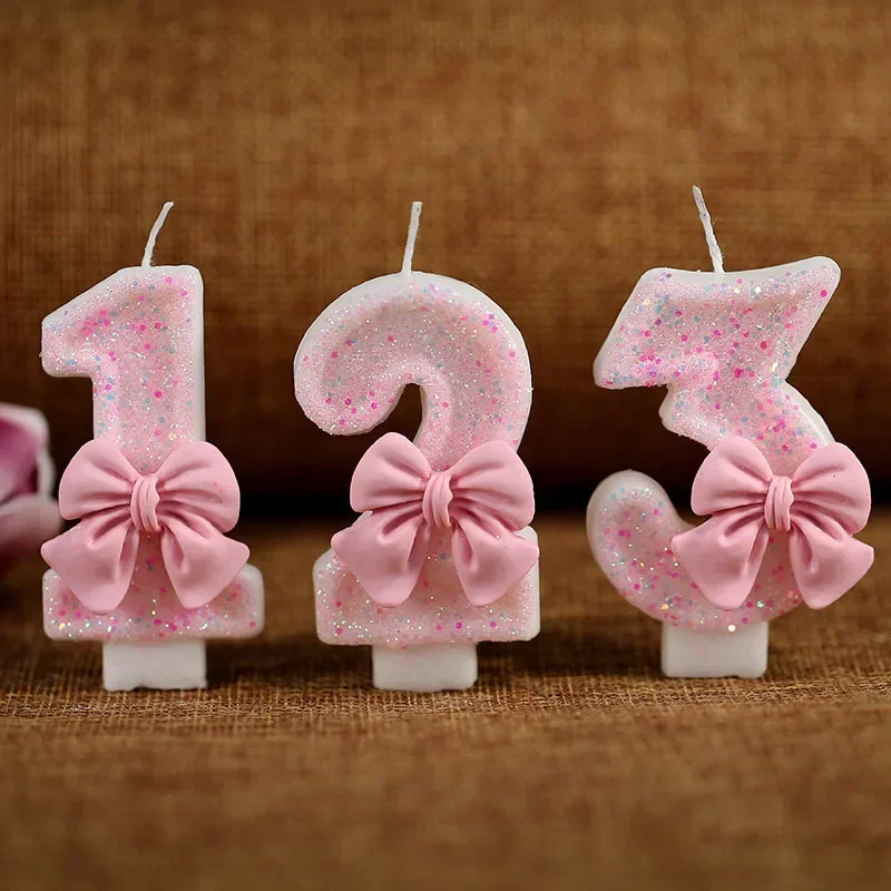Cake Candles Decorative Candles Cute Sequin Pink Big Number Bowknot 3D Design Cake Topper