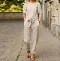 Ensemble deux pièces chemise et pantalon pull pour femmes, costume d'été en coton et lin, manches courtes, col rond, pantalon 3