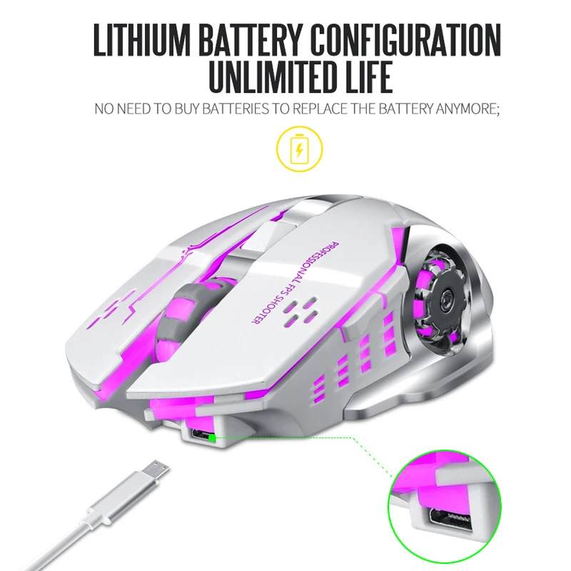 LuLabboard Wireless Gaming Mouse, Rechargeable Wireless Computer Mouse,  7-Color LED Light, Ergonomic Mouse with 6 Silent Click Buttons, 3  Adjustable