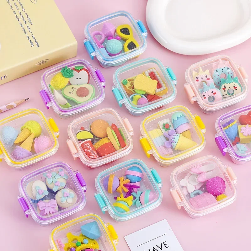 Random 1pc Lunch Box Eraser Set Lovely Eraser Soft Pencil School Students Stationery Supplies Exquisite Prize Gifts