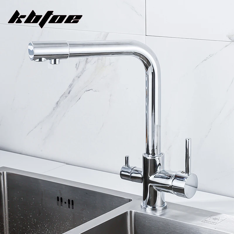 

Brass Purified Water Kitchen Faucet Hot Cold Water Sink Mixer Tap Dual Handles Pure Water Filter Faucet Deck Mounted Crane Tap