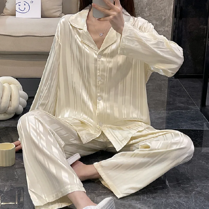 Women Pajamas Sets Faux Silk Satin Pyjamas Female Pijamas Lapel pjs Long Sleeve Shirt Pants Suit Sleepwear Homewear Loungewear