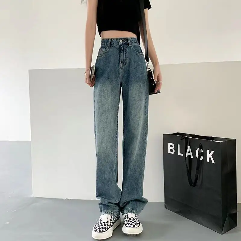 봄, 가을 한국 스타일 인스 레트로 스트레이트 하이웨이스트 여성용 청바지, 다용도 트렌디 루즈 슬리밍 와이드 레그 아빠 바지