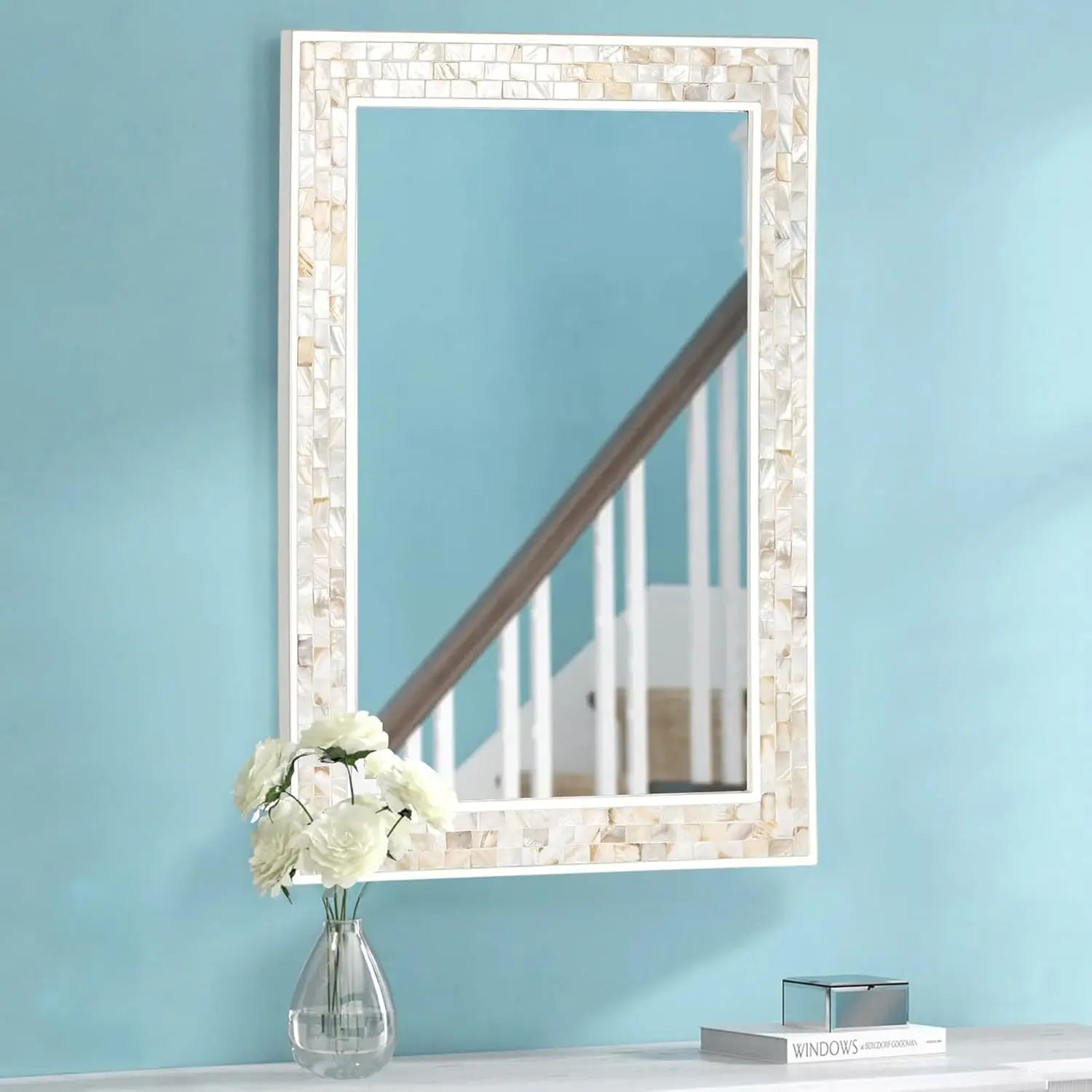 White Wall Mirror. 20x28" Rectangle. Natural Shell Frame. Bathroom, Bedroom, Living Room, Entryway. Horizontal/Vertical