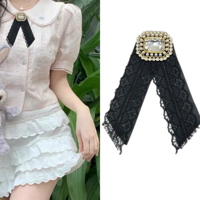 

Lace Rhinestone Bow Tie Brooch Fashion Korean Women's Elegant Suits Shirt Bowtie Girls College Style Uniforms Collars Flower Pin