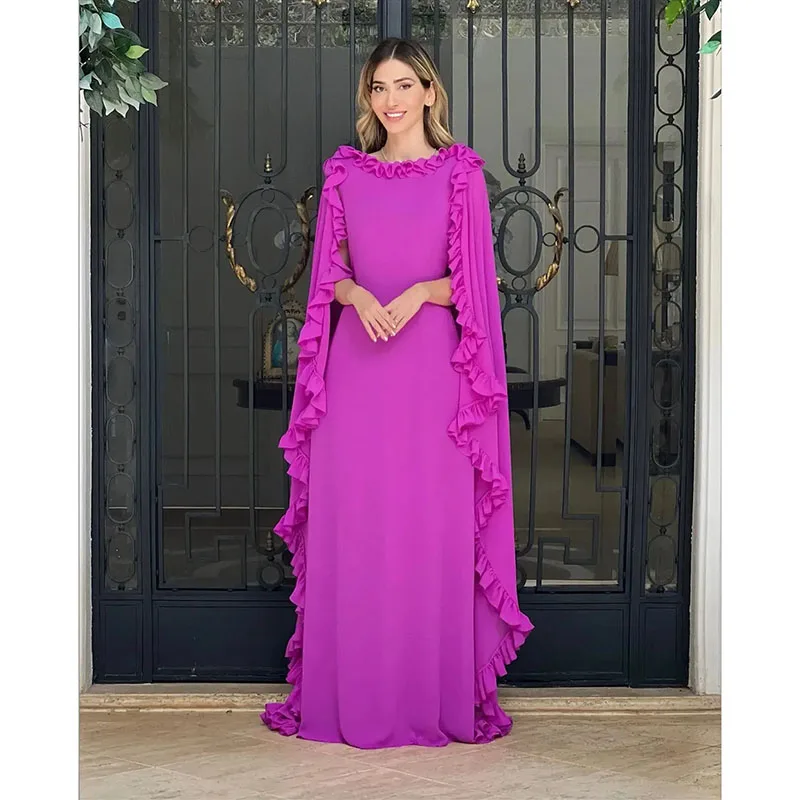 

Elegant Mother Of The Bride Dresses With Long Cape Floor-Length Wedding Guest Dress Ruffled Sweep Train Evening Gowns