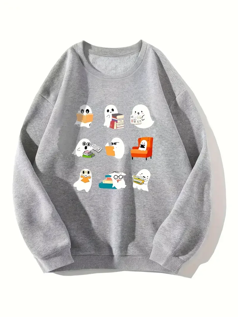 Halloween Cute Ghost Cartoon Pattern Fashion Long Sleeve Sweatshirts, Women's Round Neck Pullover Top